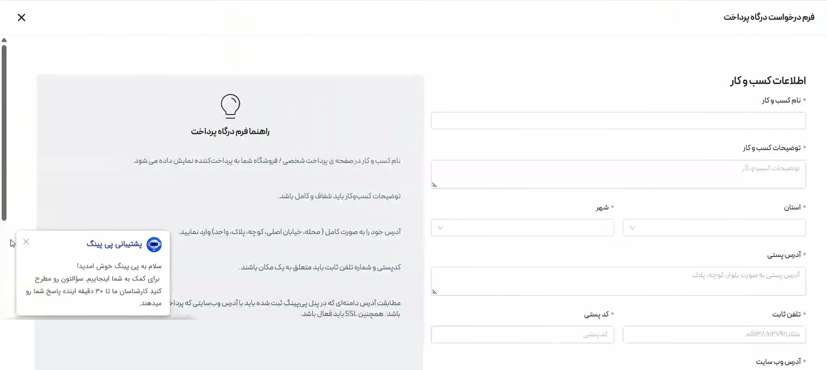 ثبت اطلاعات کسب‌وکار در پی‌پینگ