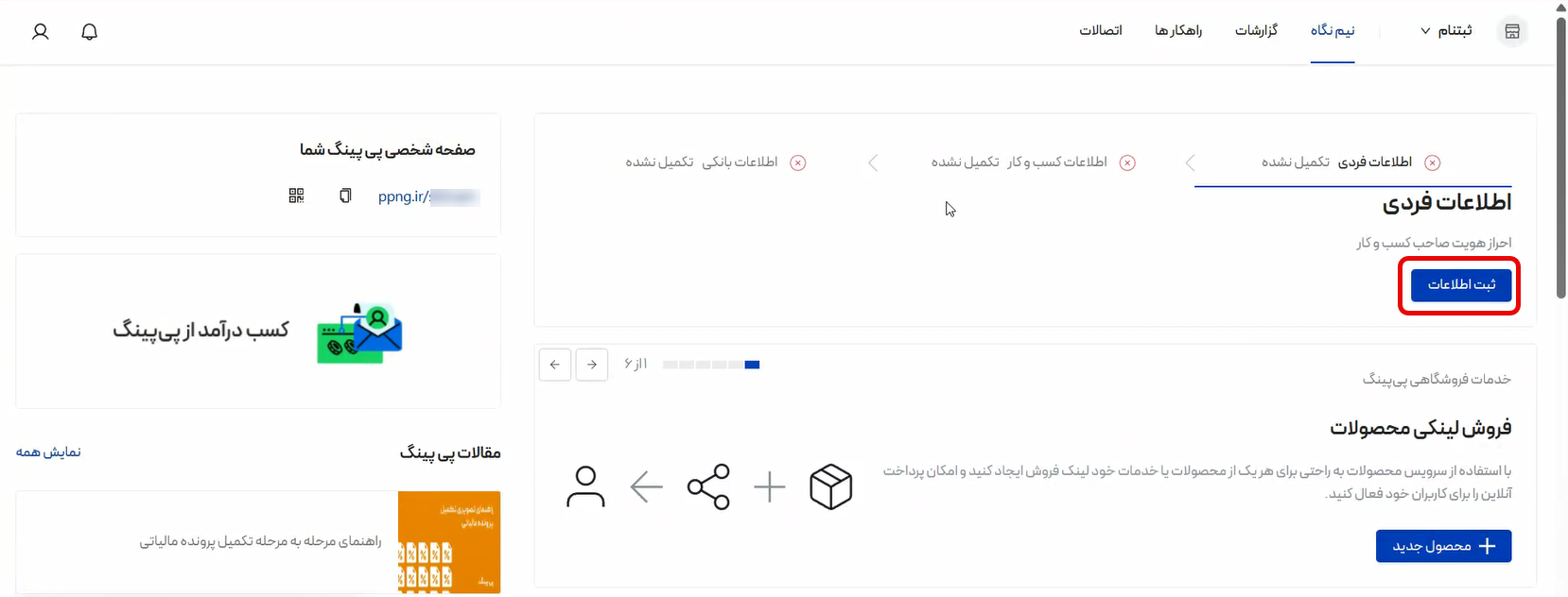 تکمیل اطلاعات فردی در پی‌پینگ
